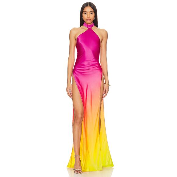 Retrofete Jagger Halter Silk Dress Satin Formal Party Gala Pink Lime Ombre Small - Picture 2 of 14